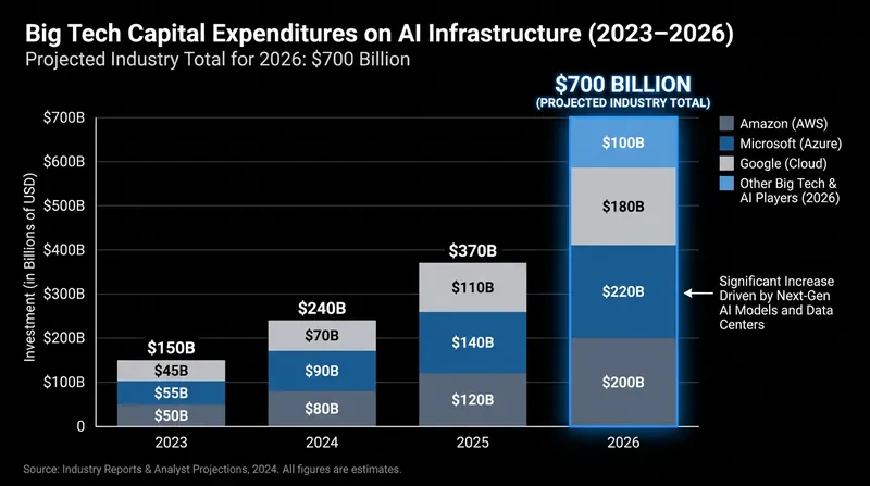 The technology sector is projected to spend over $700 billion on AI infrastructure in 2026, driving industry-wide cost-cutting.