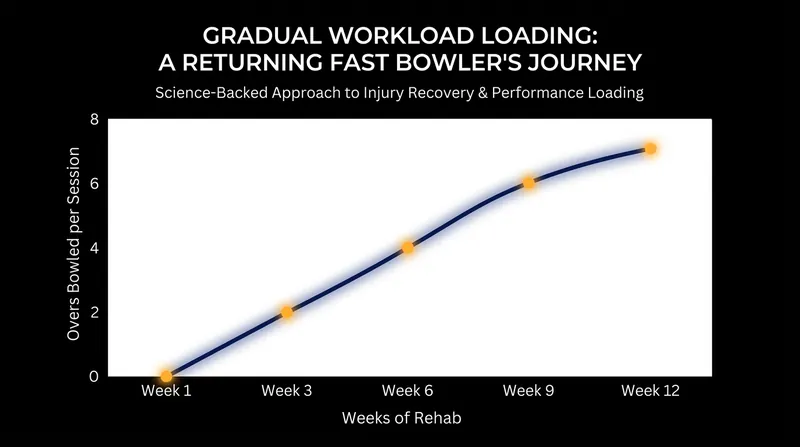 Gradual loading protocols cap a bowler's daily overs to prevent bone and tendon re-injury.