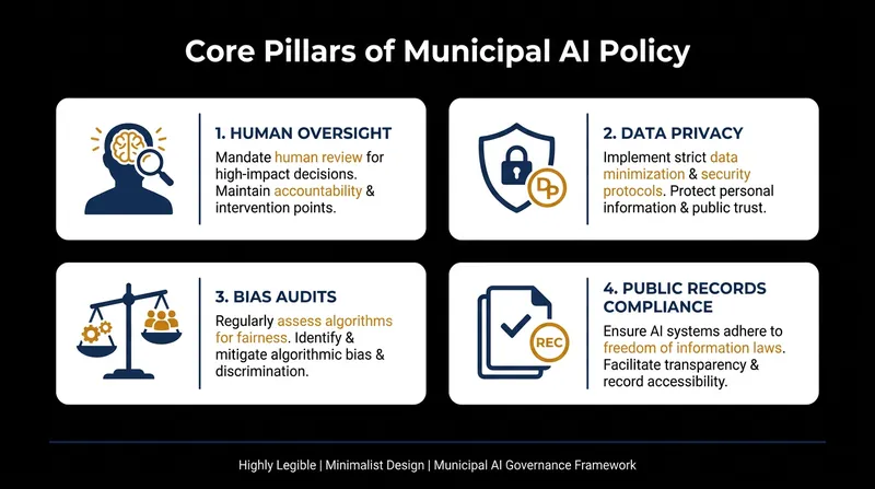 Most municipal AI policies share common guardrails to protect citizen data and ensure accountability.