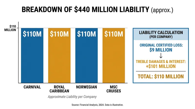 The Helms-Burton Act's treble damages provision multiplied the original certified loss into a massive financial penalty for each operator.