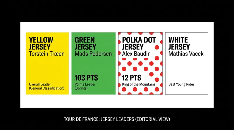 Current leaders of the Tour de France classification jerseys heading into the Pyrenees.