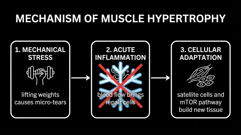Cold water constricts blood vessels, shutting down the acute inflammatory response that triggers muscle repair.