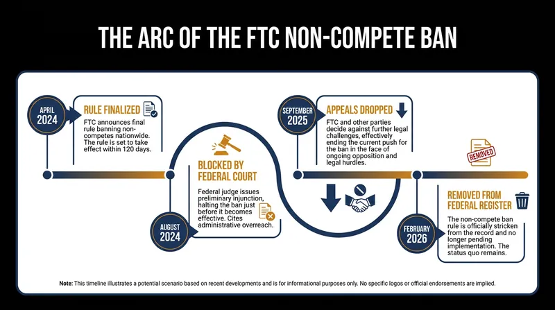 The FTC's attempt to ban non-competes nationwide faced immediate legal challenges before being formally abandoned.
