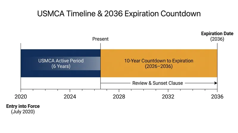 Without a unanimous extension, the USMCA has exactly ten years remaining before its scheduled expiration in 2036.