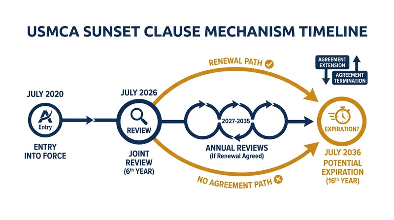 How the USMCA's Article 34.7 sunset clause dictates the lifespan and review periods of the agreement.