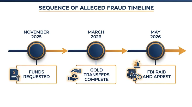 The timeline of the alleged embezzlement and subsequent discovery.