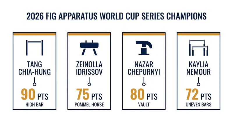 The 2026 FIG Apparatus World Cup Series Champions and their final point totals.