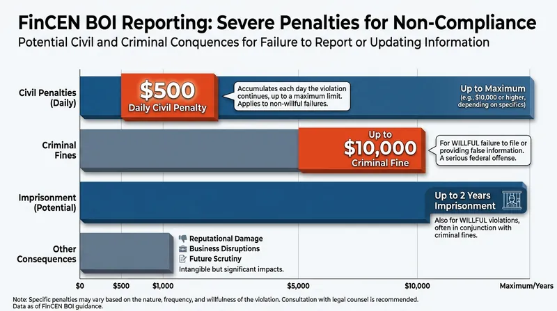 Failing to file or update a BOI report can result in compounding daily civil fines and potential criminal charges.