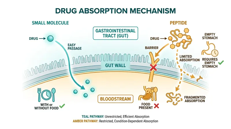 Because orforglipron is a small molecule rather than a peptide, it is not destroyed by stomach acid and can be taken with food.