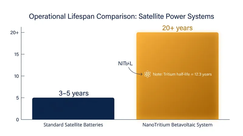 Betavoltaic systems offer a massive leap in operational longevity compared to traditional chemical batteries.