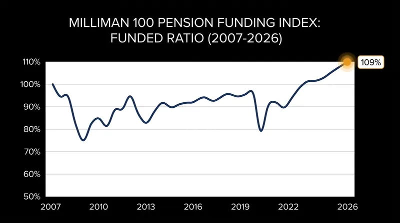 The funded status of the 100 largest U.S. corporate pension plans has crossed 109%, recovering fully from the post-2008 deficit era.
