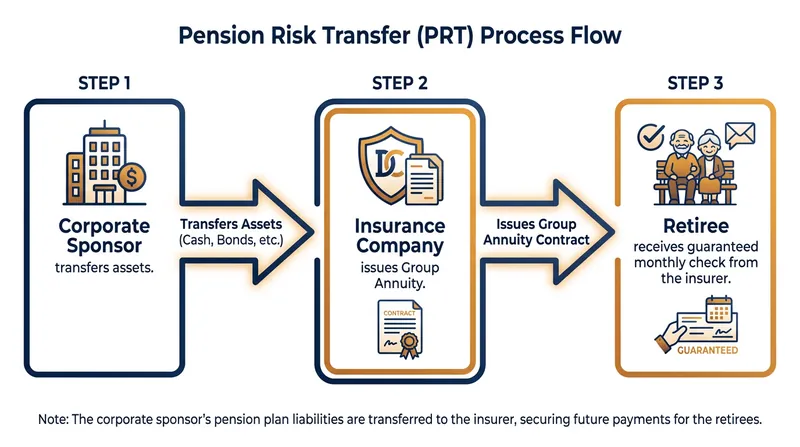 In a PRT, the obligation to pay retirees shifts permanently from the former employer to a highly rated life insurance company.
