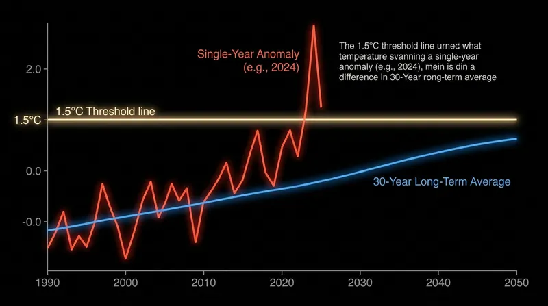 The Paris Agreement targets a multi-decade average, which has not yet crossed the 1.5°C threshold.