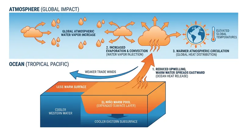 Warmer oceans release excess heat and moisture into the atmosphere, amplifying global average temperatures.