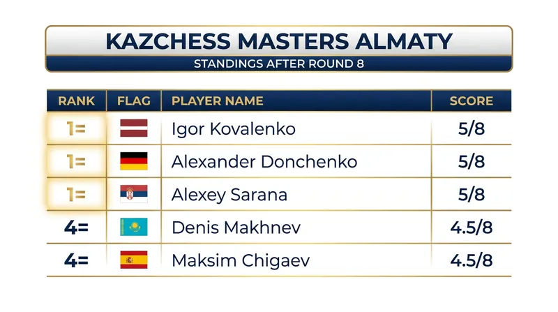 Standings after 8 of 9 rounds at the KazChess Masters Almaty 2026.
