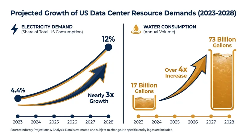 The resource footprint of US data centers is projected to surge by 2028 as AI adoption accelerates.