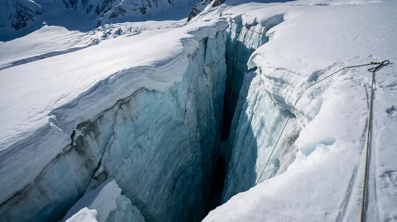 Crevasses on the Kahiltna Glacier can drop hundreds of feet and are frequently hidden by fragile snow bridges.