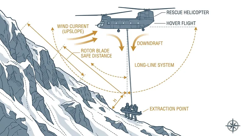 Long-line extractions allow helicopters to pluck injured climbers from steep slopes without risking a dangerous hover close to the terrain.
