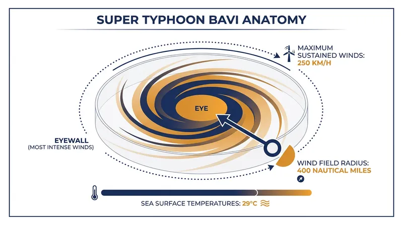 Super Typhoon Bavi's massive wind field and the warm ocean temperatures fueling its intensity.