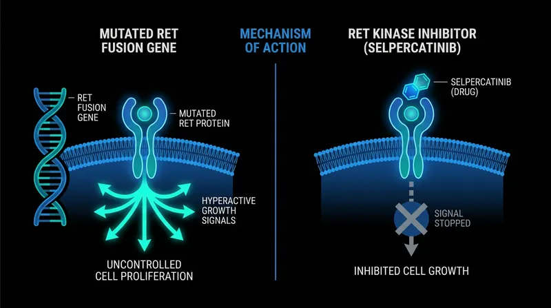 How it works: Retevmo acts as a molecular key that fits into the malfunctioning RET protein, shutting down the rogue growth signal.