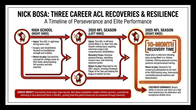 Bosa is navigating his third career ACL rehabilitation, relying on past experience to guide his recovery.
