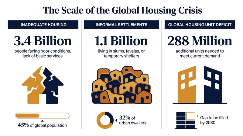 The UN estimates that 40 percent of the global population currently faces some form of housing inadequacy.