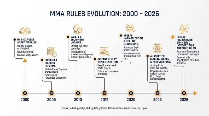 The Unified Rules of MMA have continually evolved to balance fighter safety with practical combat application.