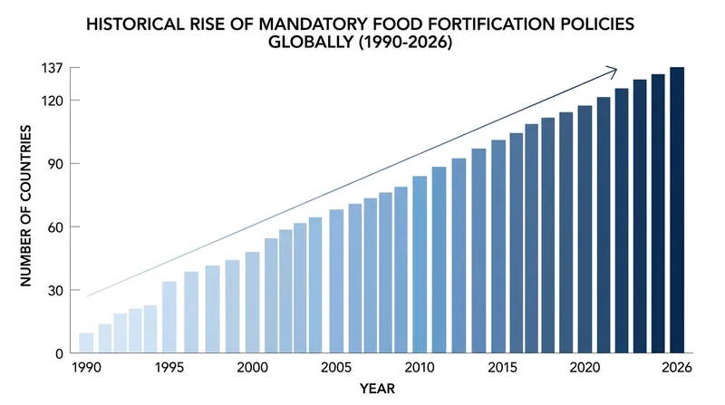 Over 130 countries now mandate the fortification of at least one staple food, though enforcement varies widely.
