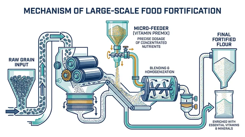 Industrial micro-feeders dose highly concentrated vitamin and mineral premixes into staple foods at exact parts-per-million ratios.