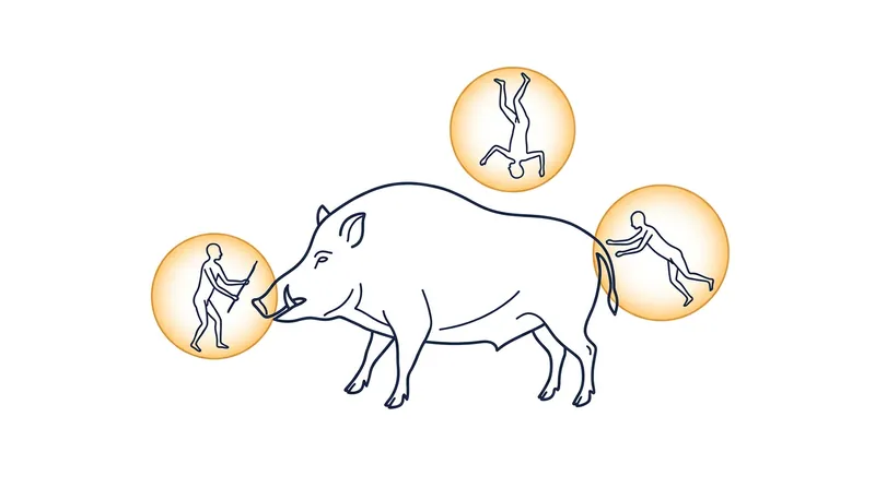 The deliberate positioning of the therianthrope figures around the pig strongly suggests a cohesive narrative rather than isolated drawings.