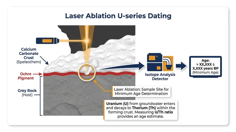 Laser Ablation U-series dating allows scientists to vaporize microscopic layers of mineral crust, isolating the exact layer touching the ancient paint.