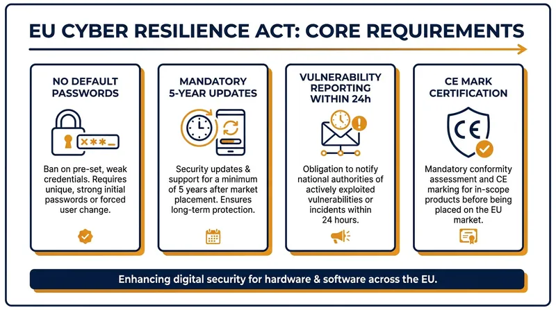 The four pillars of the Cyber Resilience Act that manufacturers must meet to sell devices.