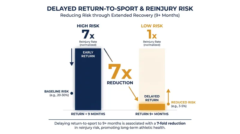 Recent sports medicine reviews show that waiting at least nine months to return cuts the risk of a second knee injury by seven-fold.