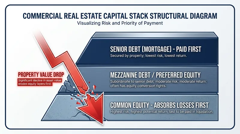 When a property's value falls below its loan balance, the equity investors at the bottom of the stack are wiped out.