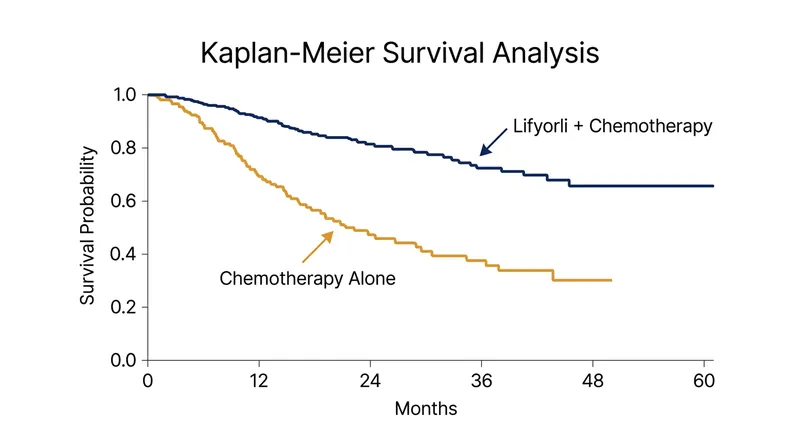 Patients receiving the Lifyorli combination demonstrated a clear and sustained survival advantage over chemotherapy alone.
