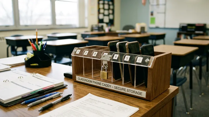 Enforcement mechanisms vary by district, ranging from specialized locking pouches to classroom storage caddies.