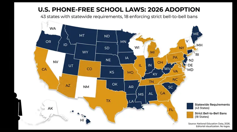 By mid-2026, the vast majority of U.S. states have implemented statewide policies restricting student smartphone use.