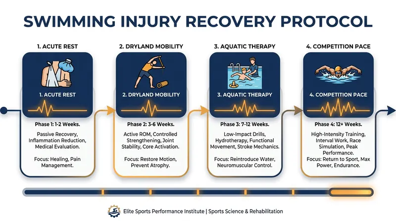 The modern aquatic rehabilitation timeline emphasizes low-impact water therapy before returning to race pace.