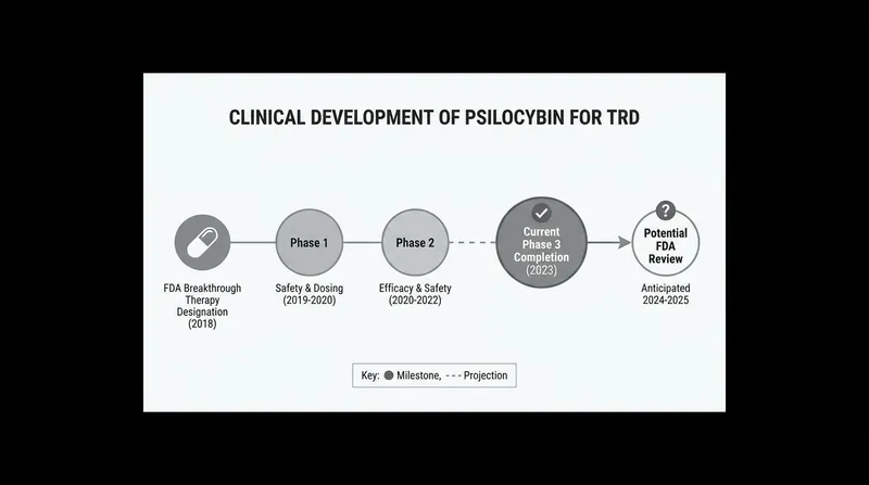The clinical pathway of psilocybin from Breakthrough Therapy Designation to Phase 3 completion.