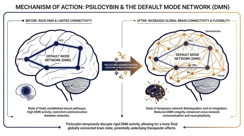 Psilocybin temporarily disrupts the Default Mode Network, allowing for increased global brain connectivity and neuroplasticity.