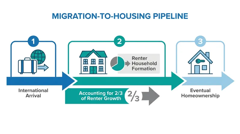 How international migration mechanically drives housing demand and household formation.