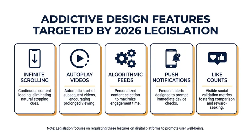 The specific platform mechanics targeted by the KIDS Act and New York's SAFE for Kids Act.