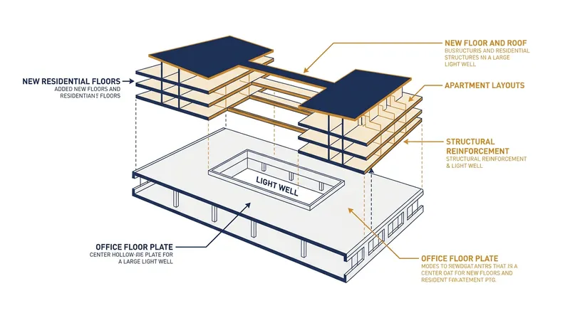 Converting an office building often requires cutting central light wells and adding vertical floors to offset lost square footage.