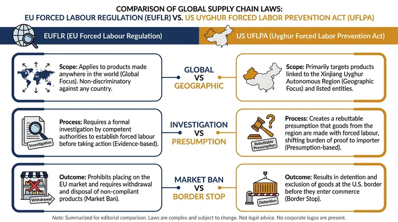 A structural comparison of the European and American approaches to forced labor compliance.