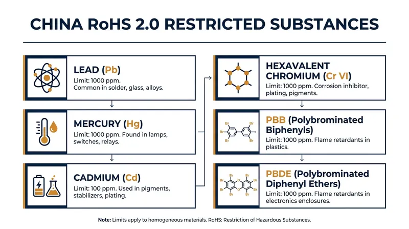 The six highly toxic substances targeted for elimination in consumer electronics.