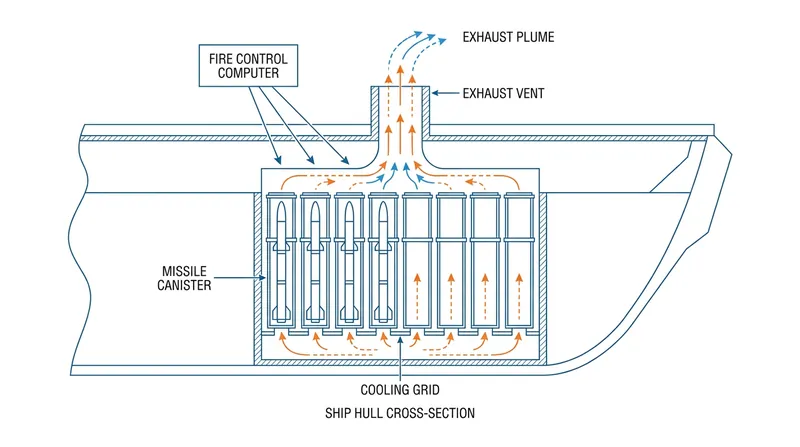 Executing a rapid 12-missile salvo requires complex exhaust venting to prevent the ship from damaging its own hull.