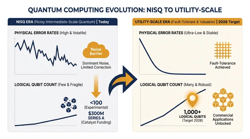 The leap from noisy experimental machines to fault-tolerant utility-scale computing.