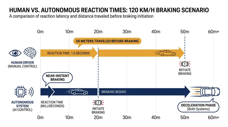 At 120 km/h, the 1.5-second human reaction time allows a vehicle to travel more than 50 meters before braking begins.