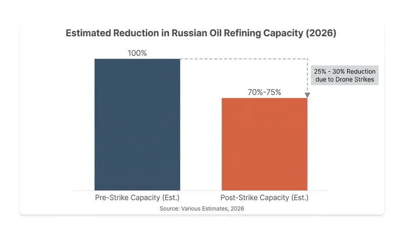 Repeated strikes on critical infrastructure have knocked a significant portion of Russia's refining capacity offline.