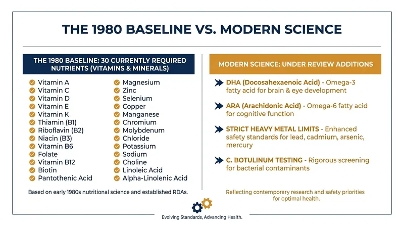 While the 1980 Infant Formula Act established a baseline of 30 essential nutrients, modern science suggests additional requirements may be necessary.